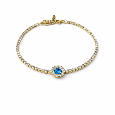 Pulseira dourada com pedras transparentes e pedra azul central