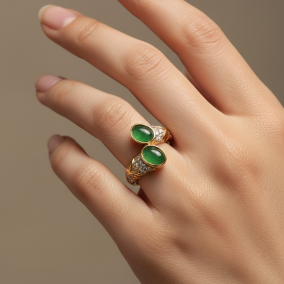 Anel dourado com pedras verdes e cristais numa mão