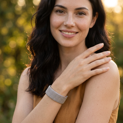 Mulher com pulseira prateada em malha metálica no pulso e top castanho ao ar livre.