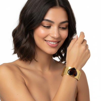 Pulseira larga dourada com detalhe em coração padrão tartaruga no pulso de mulher com cabelo castanho curto