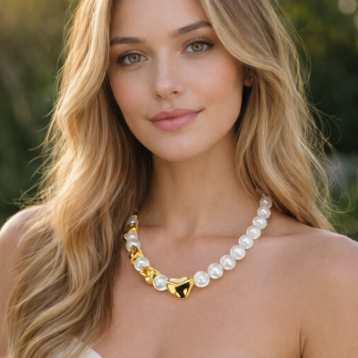 Colar de pérolas com detalhes dourados usado por mulher numa paisagem exterior.