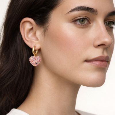 Brinco pendente em forma de coração com pedrinhas rosas e dourado