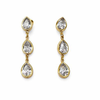 Brincos pendentes dourados com pedras transparentes em forma de gota