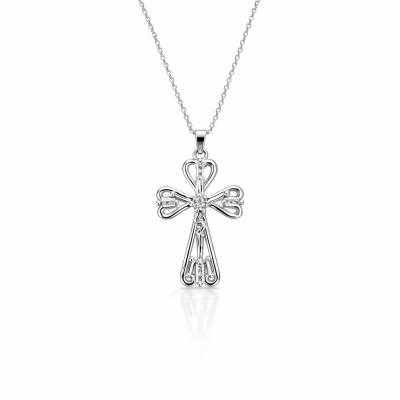 Colar com pendente cruz prateada com detalhes de corações e diamante