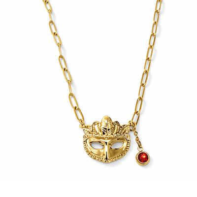 Colar dourado com pendente de máscara e pedra vermelha
