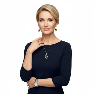 Mulher com vestido azul escuro a usar colar e brincos dourados com pedras azuis, anel e relógio prateado.