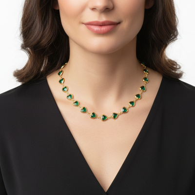 Colar com pedras verdes em formato de coração num pescoço de mulher com blusa preta.