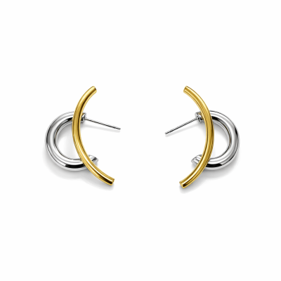 Brincos modernos prateados e dourados em fundo branco