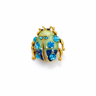 Broche joaninha verde e azul com pedras azuis e detalhes dourados