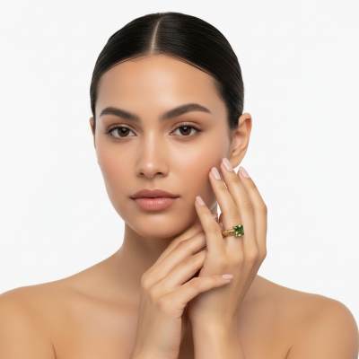 Mulher com anel dourado e pedra verde no dedo
