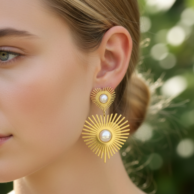 Brincos dourados em forma de raios solares com pérolas, usados por mulher