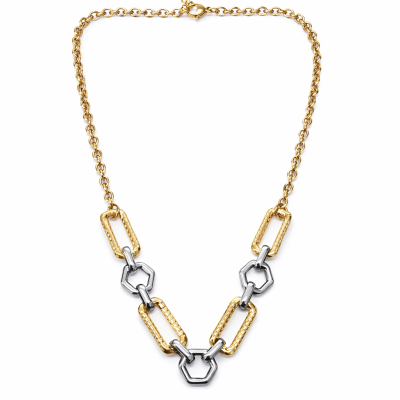 Colar em correntes douradas e prateadas com elos hexagonais e retangulares