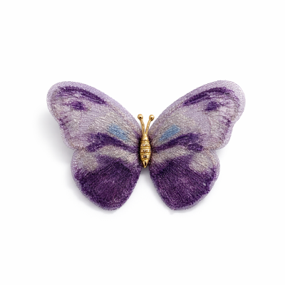 Broche em forma de borboleta roxa e dourada com asas transparentes