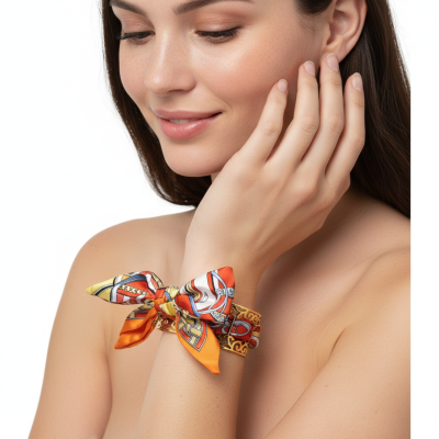 Lenço de tecido colorido com padrões usados no pulso de mulher