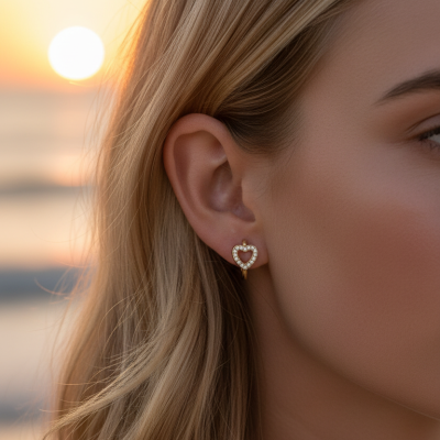 Brinco de argola dourado com pendente em forma de coração cravejado com pedras brancas