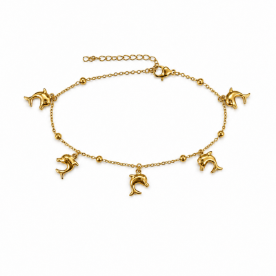 Pulseira dourada com pingentes de golfinhos
