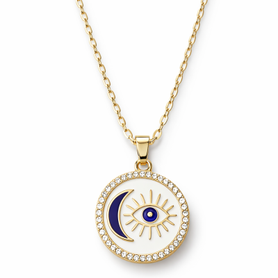 Colar dourado com pendente redondo, lua azul e olho estilizado