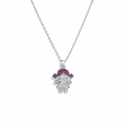 Colar com pendente em forma de menina com pedras brilhantes brancas e rosas.