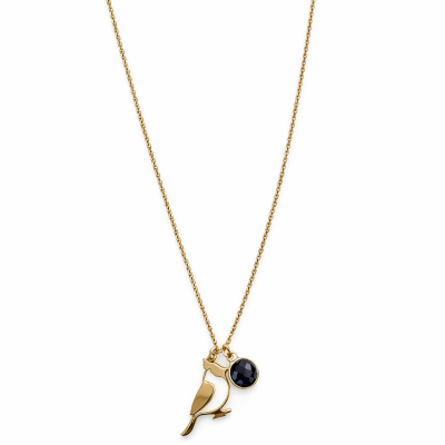 Colar dourado com pendente de pássaro e pedra preta