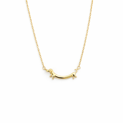 Colar dourado com pendente em forma de cão Dachshund sobre fundo branco