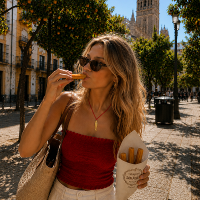 Mulher a comer churros num passeio com árvores e edifícios históricos ao fundo