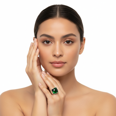 Anel com pedra verde quadrada em dedo de mulher com cabelo castanho apanhado