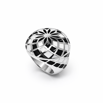 Anel prateado com padrão geométrico preto e branco