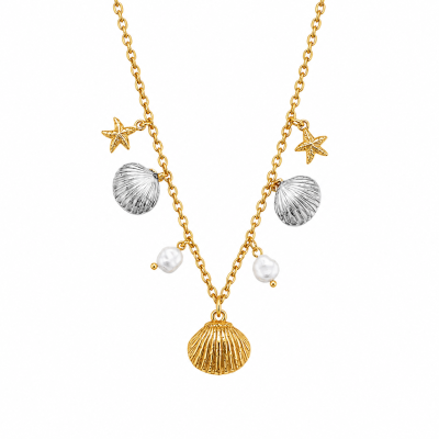 Colar dourado com pendentes de estrela do mar, concha prateada e pérolas brancas