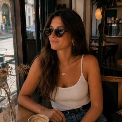 Mulher com óculos de sol, blusa branca e colar de infinito num café