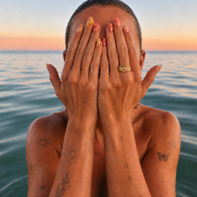 Mãos femininas com unhas decoradas e anel dourado sobre rosto com fundo de mar ao pôr do sol.