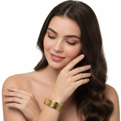 Pulseira dourada com padrão geométrico gravado no pulso de mulher