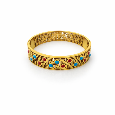 Pulseira dourada com padrão geométrico e pedras coloridas sobre fundo branco