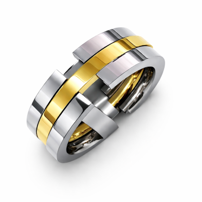 Anel em aço inoxidável prateado e dourado com design geométrico moderno