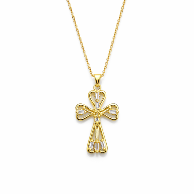 Colar dourado com pendente em forma de cruz detalhado com pedras transparentes