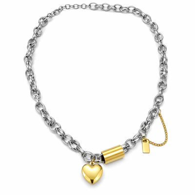 Colar de corrente prateada com fecho dourado e pingente de coração