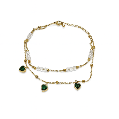 Pulseira dupla dourada com corações verdes e contas transparentes
