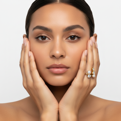 Mulher com anel dourado com pérolas e pedras brilhantes, segurando o rosto com as duas mãos