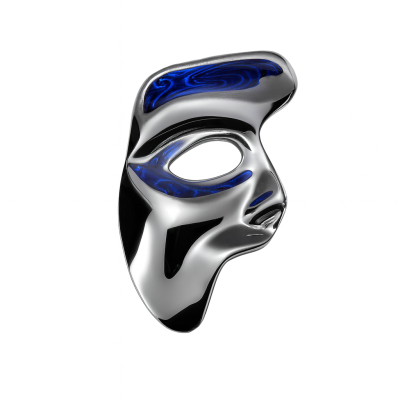 Máscara metálica prateada com detalhes azul-escuros