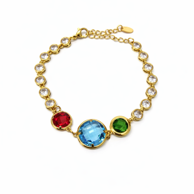 Pulseira dourada com pedras coloridas e transparentes redondas