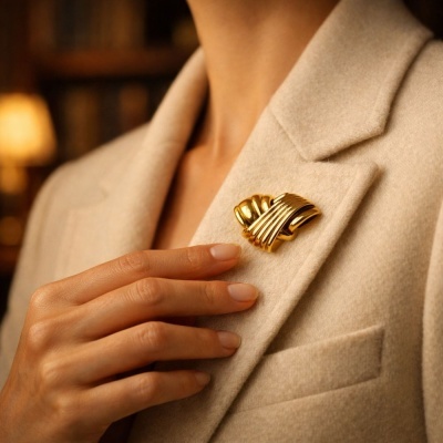 Broche dourado em blazer bege de lã num ambiente interior quente