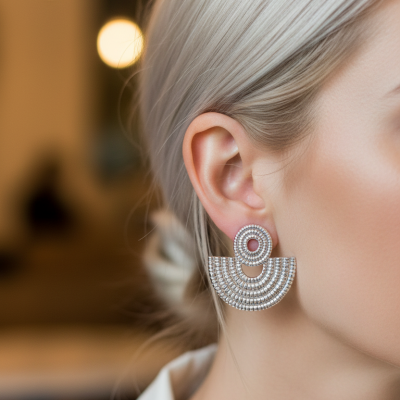 Brincos de prata com design de círculos concêntricos e meia-lua