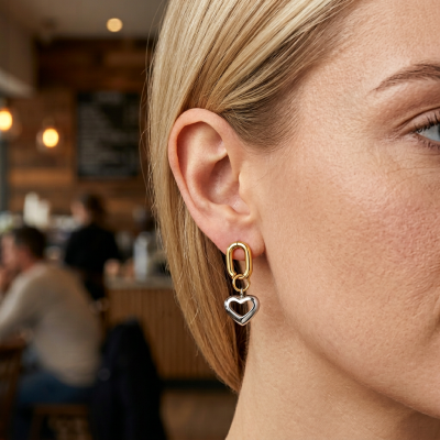 Brinco pendente dourado com coração prateado na orelha