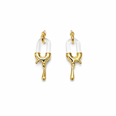 Brincos pendentes com argola transparente e detalhe dourado irregular