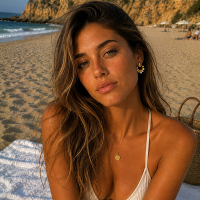 Mulher com biquíni branco, colar e brincos a sorrir na praia