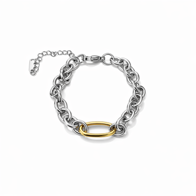 Pulseira com elos prateados e elo oval dourado