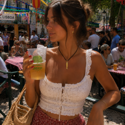 Mulher a segurar copo com bebida SOMERSBY em ambiente de festa ao ar livre.