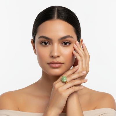 Mulher com anel dourado e pedra verde no dedo médio