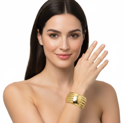 Mulher com pulseira dourada larga em fundo branco