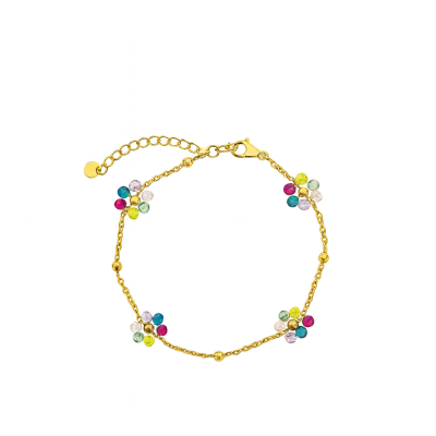 Pulseira dourada com pedras coloridas em forma de flores
