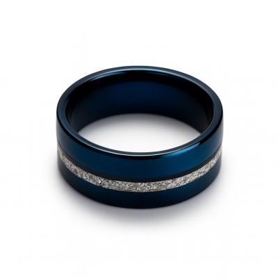 Anel azul metálico com faixa prateada texturizada